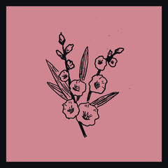 Hand drawn flowers on pink background. Inky botanical illustration.