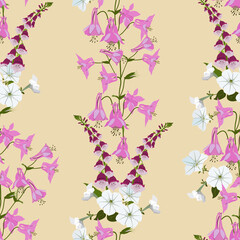 Seamless vector illustration with petunia, aquilegia and digitalis on a beige background.