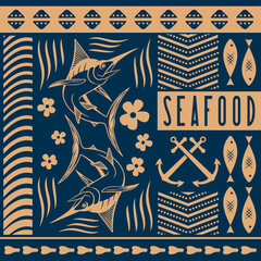 Seafood design concept with Marlin fish. Vector illustration