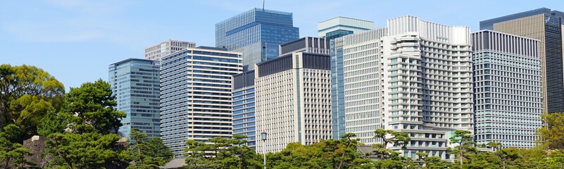 Tokyo, Japan - March 2021: Imperial palace Gaien park surrounded by skyscraper in Tokyo, Japan. Panoramic view - 皇居 外苑 東京