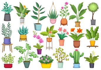 Flowerpot vector cartoon icon set . Collection vector illustration pot of plant on white background. Isolated cartoon icon set flowerpot for web design.