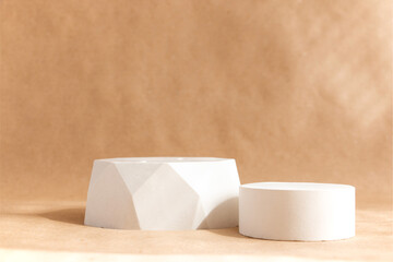 Minimal cosmetic background for product presentation. Concrete podium on kraft paper background. Natural skin care concept.