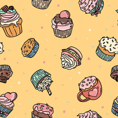 Seamless pattern with doodle-style cupcakes. Different cupcakes with different fillings and toppings. Colorful vector illustration on a yellow background.
