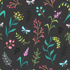 Colorful pink, purple and yellow flowers, blue butterflies, leaves and grass on a dark gray background for spring and summer. Seamless repeated surface vector pattern design.