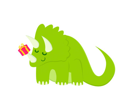 Cute dinosaur with a gift. Character for a postcard. Dinosaur for postcard happy birthday, merry christmas, new year.Cute triceratops