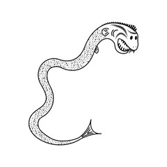 Deep sea creature. Illustration with fantastic marine dangerous fish with sharp teeth and thorns. Isolated over white background. For banners, postcards, kids parties, textiles, T-shirts. Vector.