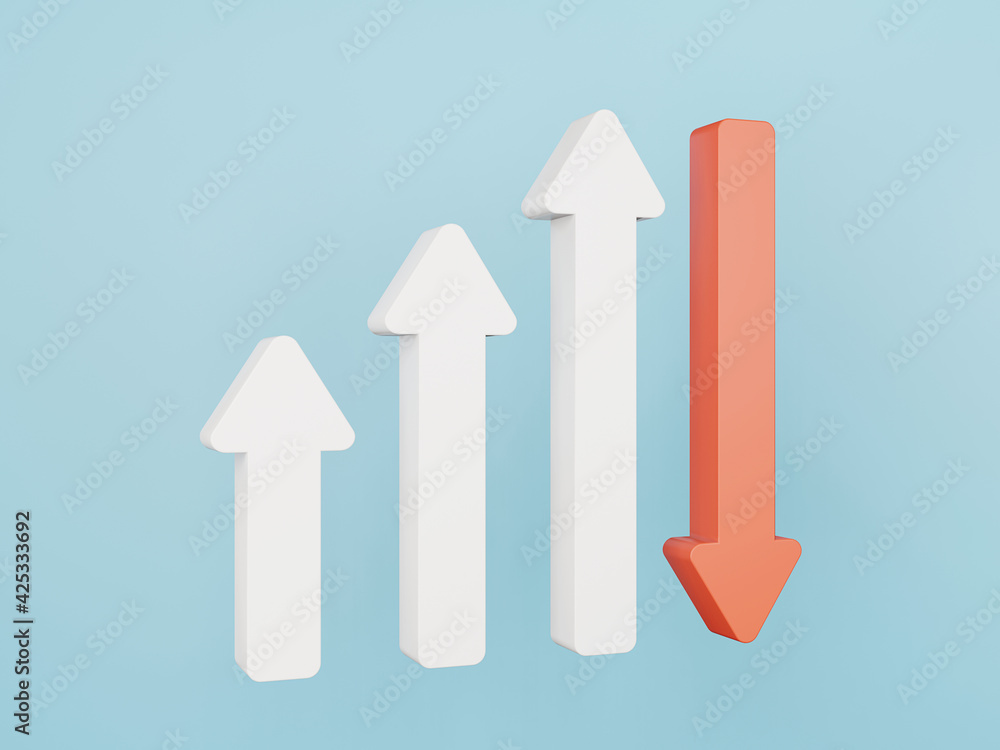 Poster 3d up and down arrow. white arrow and red arrow on blue background. 3d rendering.