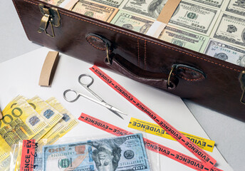 dollar bills and passports in criminal investigation unit, conceptual image
