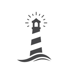 Lighthouse black vector icon. Beacon tower at sea with wave symbol.