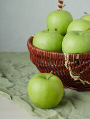 Apple on white table background, green Apple fruit background. natural fresh products.
