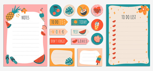 Collection of weekly planner and to do list with summer hand drawn vector objects.Set of colorful stickers for notebook.Elements for agenda, check lists, planner, organiser, book and other stationery.