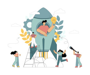 Business startup concept, teamwork. Taking off rocket. Teamwork. A group of people is realizing the idea.