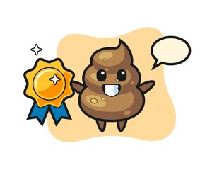 poop mascot illustration holding a golden badge
