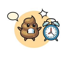 Cartoon Illustration of poop is surprised with a giant alarm clock