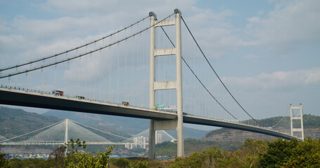 Tsing Ma Suspension bridge in Hong Kong city