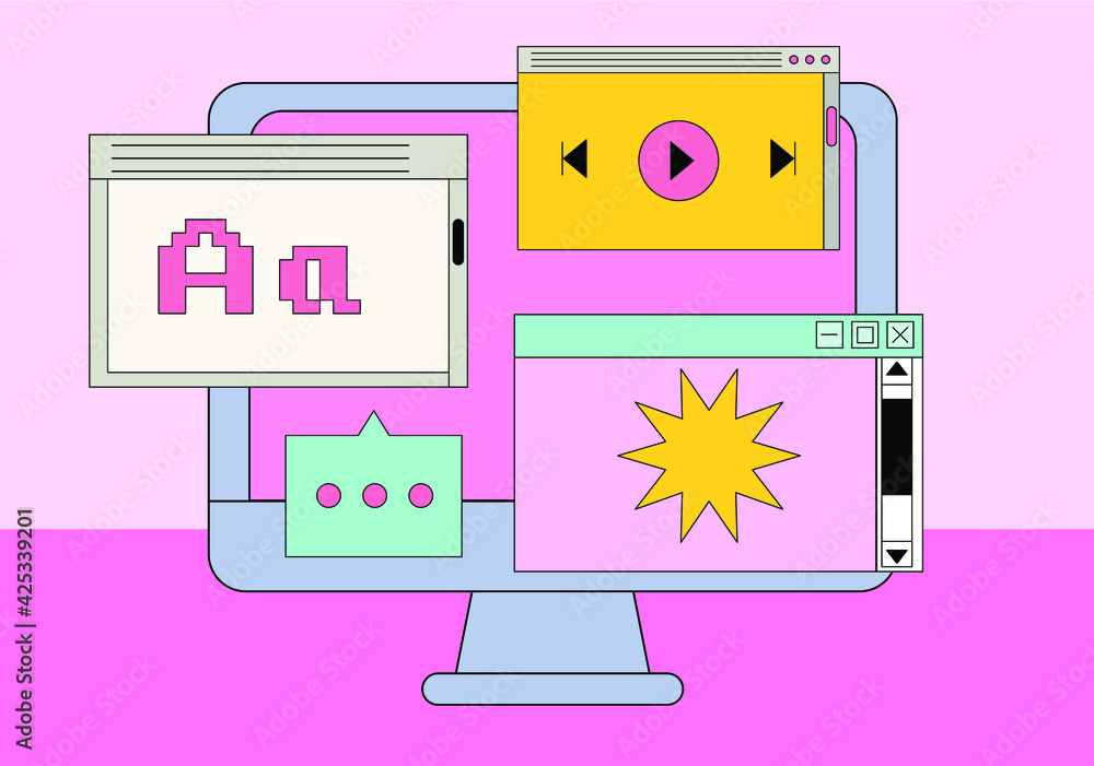 Leinwandbilder Computer screen with programs and applications. Conceptual flat vector illustration of home office, UI and UX design and programming.