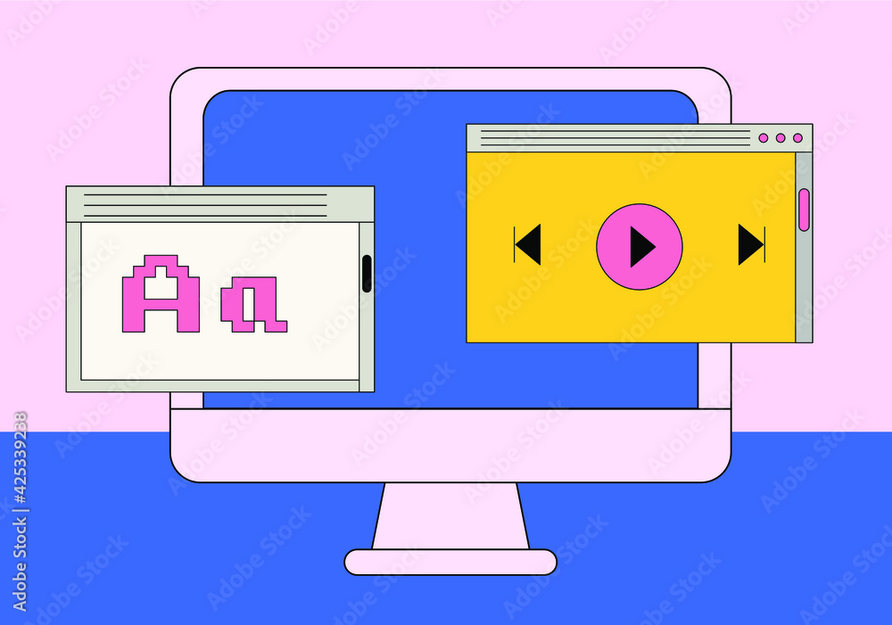 Aufkleber Computer screen with programs and applications. Conceptual flat vector illustration of home office, UI and UX design and programming.