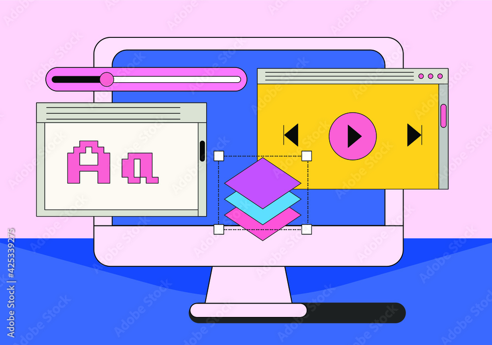 Poster Computer screen with programs and applications. Conceptual flat vector illustration of home office, UI and UX design and programming.