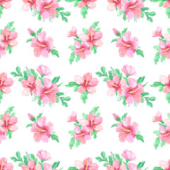 Seamless pattern pink hibiscus watercolor.   Hawaii fowers, leaves compositions, tropical floral wreath, exotic botany For digital paper and fabric