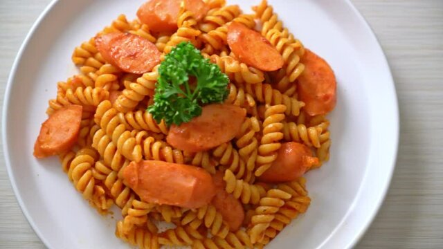 spiral or spirali pasta with tomato sauce and sausage - Italian food style