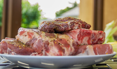 Raw meat in a plate, cut into pieces, seasoned and ready to grill, outdoors. Close-up, small depth of field