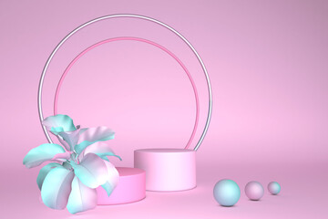 3d render, pastel background, round pedestal decorated with pink spring flowers, blank cosmetics store showcase stand, fashion, pastel colors, presentation template