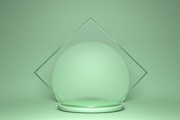 Abstract green cylinder pedestal podium, Light pastel empty studio. 3D rendering geometric shape, Product display presentation.