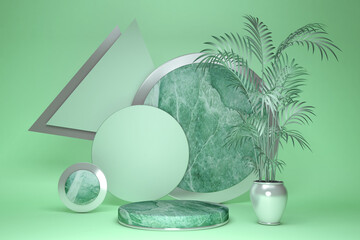 3D pedestal. Abstract palm trees leaves topical juicy. 3d render illustration. Podium green steps for brand promotion product. Creative green background for advertising presentation. Stand base mockup
