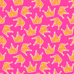 Ink yellow-white crown isolated on pink background. Cute seamless pattern. Vector simple flat graphic hand drawn illustration. Texture.