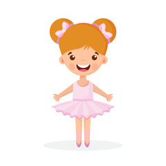 Girl Ballerina Isolated. Elegant Doll wear Pink Tutu Dress. Beautiful Kid Flat Cartoon Vector Illustration