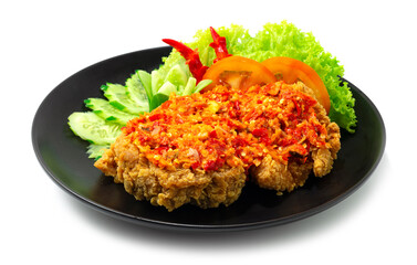Ayam Geprek is an Indonesian Food crispy fried chicken with hot and spicy sambal Chili Sauce.