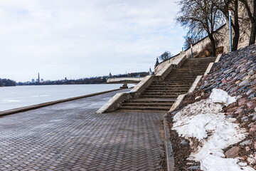 the embankment of the Velikaya river on which the Pskov Krom (Kremlin) is located. Pskov, Russia