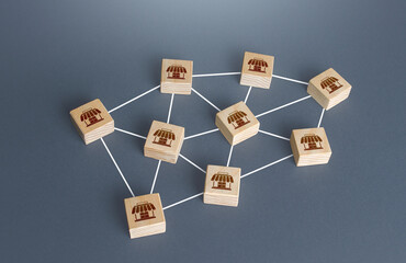 Blocks of networked commercial stores or shops. Franchising concept. Business franchise empire....