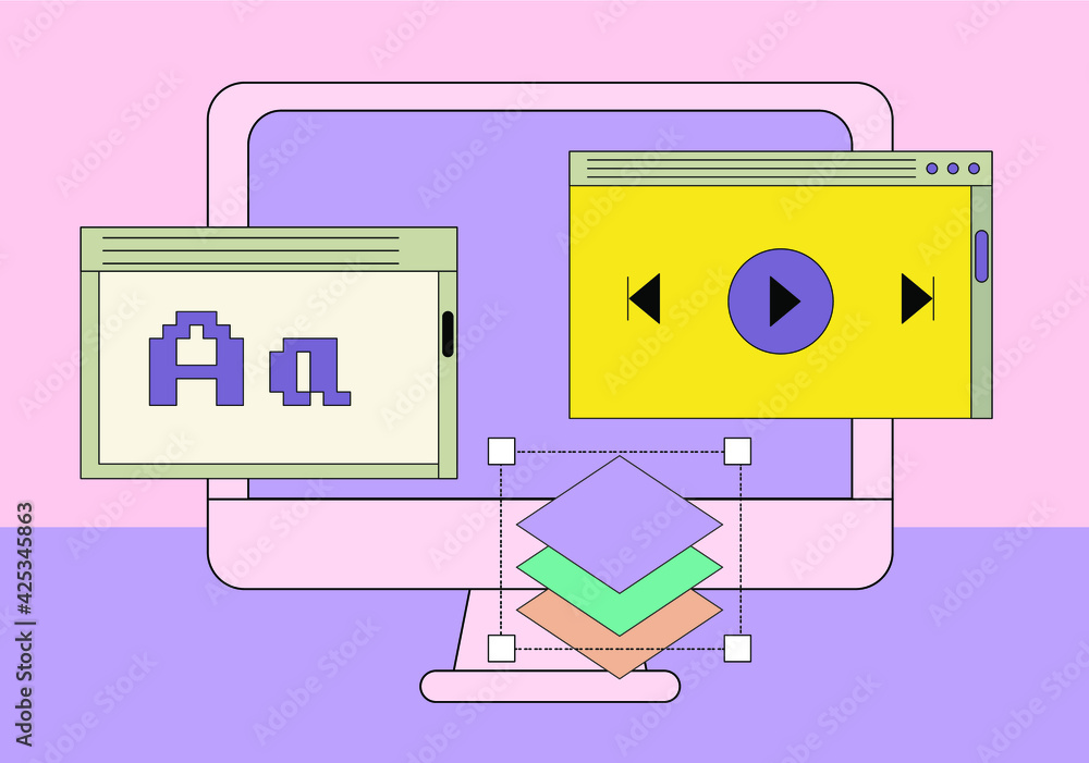 Aufkleber Computer screen with programs and applications. Conceptual flat vector illustration of home office, UI and UX design and programming.