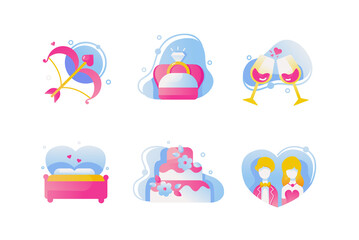 Set icons with love bow, wedding ring, wine, cake, couple, romance bed.