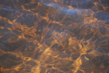The surface of clear water with small waves. A close-up of a clear river water with a brown bottom from the sand. The reflections of the sun's rays paint the bottom of the river in golden tones.