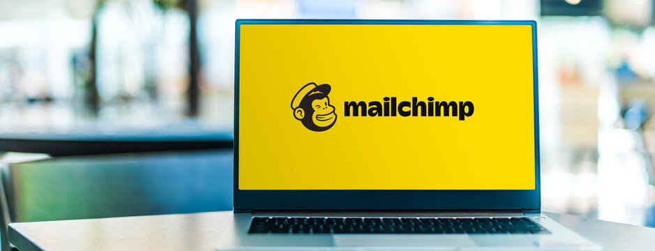 Laptop computer displaying logo of Mailchimp