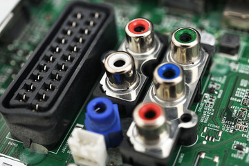 Electronic components and processor on a printed circuit. Close-up of electronic components on a...