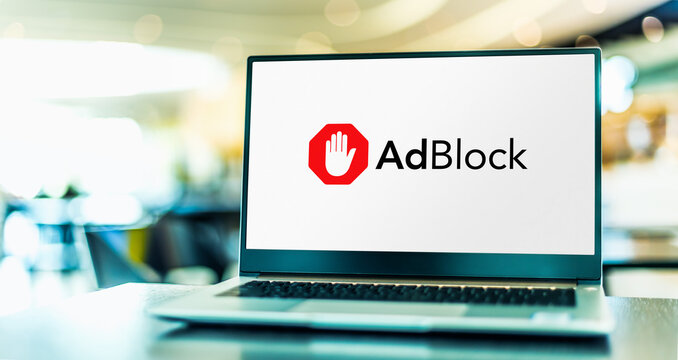 Laptop computer displaying logo of AdBlock