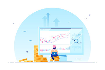 Young man with laptop against computer screen and stacks of coins