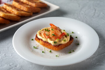 Bruschetta with shrimps, mayonnaise and micro greens. Healthy eating concept