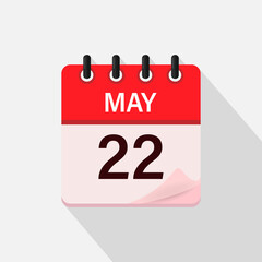 May 22, Calendar icon with shadow. Day, month. Flat vector illustration.