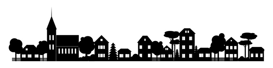 Small Town silhouette cutout skyline with chapel houses trees black and white © Svetlana Ievleva