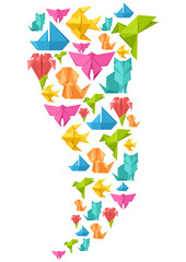 Background with origami toys. Folded paper objects.