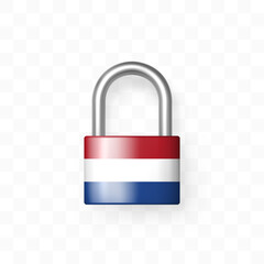 Secure enclosed padlock with image of the flag of Netherland. Isolated on checkered background. Lock icon. Data protection, Security Secret information, Border is locked, Lockdown concept