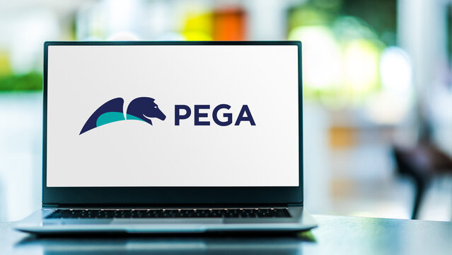 Laptop computer displaying logo of Pegasystems
