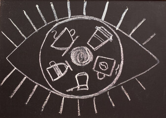 Chalk drawing on blackboard coffee cups and eyes.
Drawing of an eye with a pupil and coffee