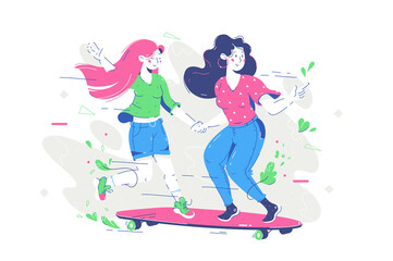 Friends riding skateboard and joy together in casual wear