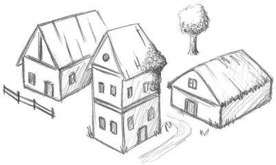 Hand pencil drawn village. Fantasy map creator.