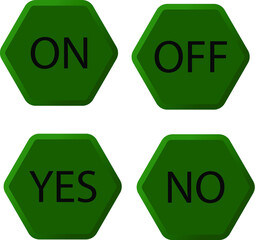 on, off, yes, no hexagonal buttons icon with smoothed corners, shadows and lights